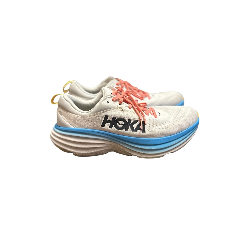 Hoka White Sneakers with Blue Midsole and Coral Laces